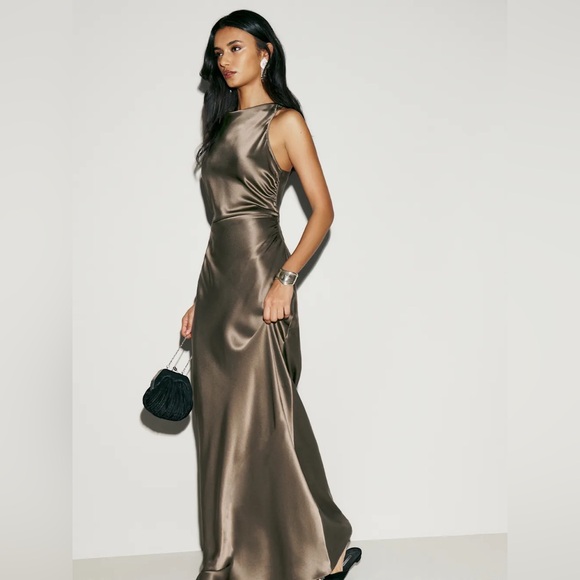 NEW Reformation Backless Satin Dress in Olive - Picture 6 of 13